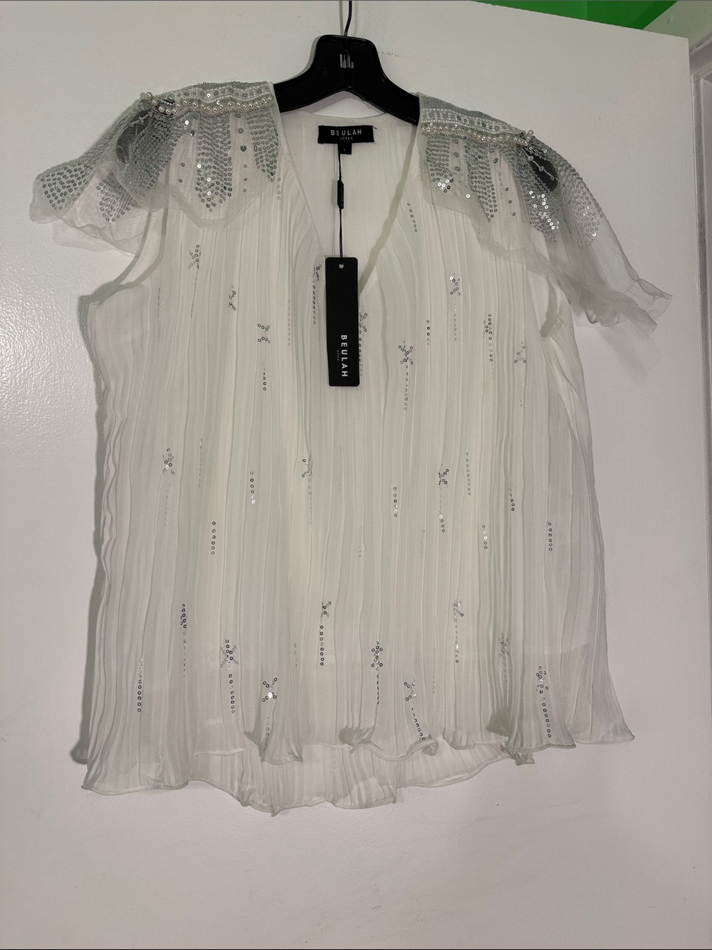 Beulah White Sequin-Paneled Pleated Blouse L